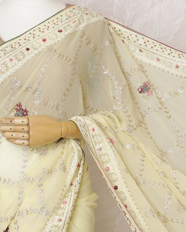 Elegant Cream Silk Georgette Saree with Delicate Embroidery & Sequin Detailing, 110 cm Width - Made in India (Blouse Not Included)-D17824