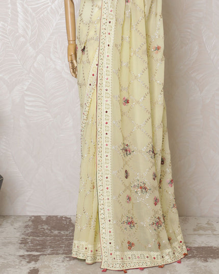 Elegant Cream Silk Georgette Saree with Delicate Embroidery & Sequin Detailing, 110 cm Width - Made in India (Blouse Not Included)-D17824 Regal Fabrics