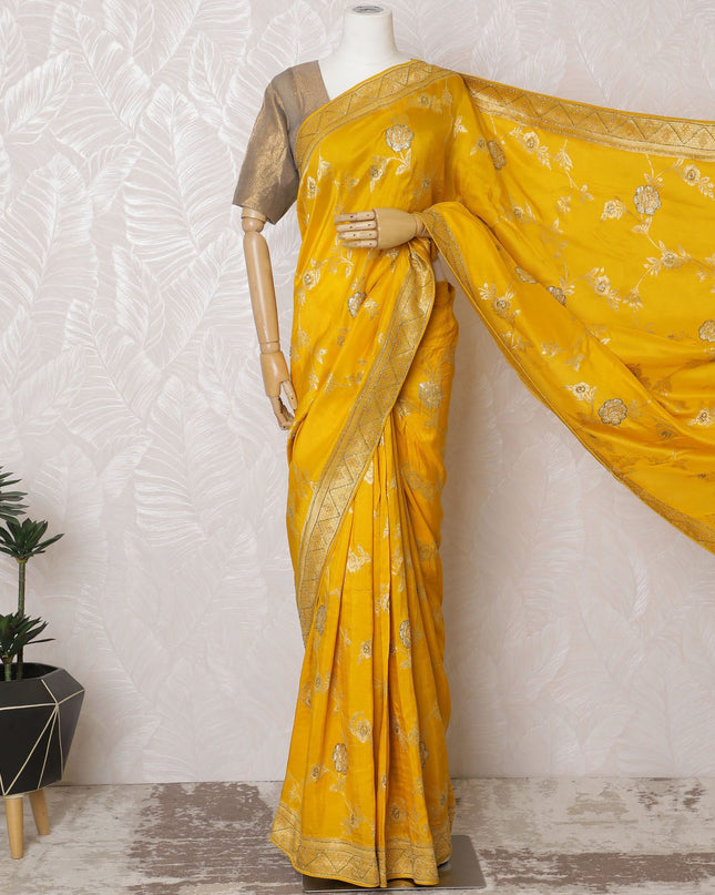 Vibrant Marigold Art Silk Saree with Silver Floral Embroidery, 110cm Width, Made in India (Blouse not included)-D17825
