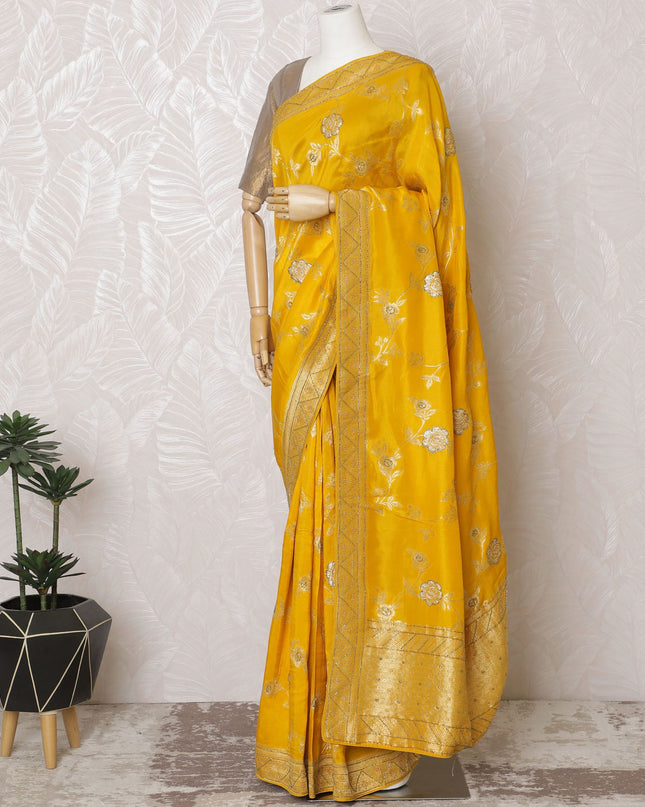 Vibrant Marigold Art Silk Saree with Silver Floral Embroidery, 110cm Width, Made in India (Blouse not included)-D17825
