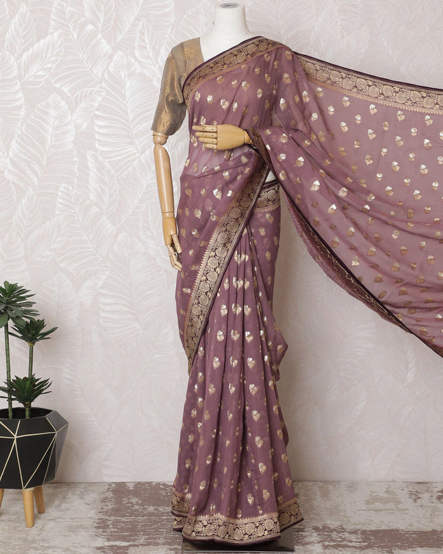 Regal Mauve Silk Georgette Jacquard Saree with Gold Foil Motifs, 110 cm Width - Crafted in India (Blouse Not Included)-D17826