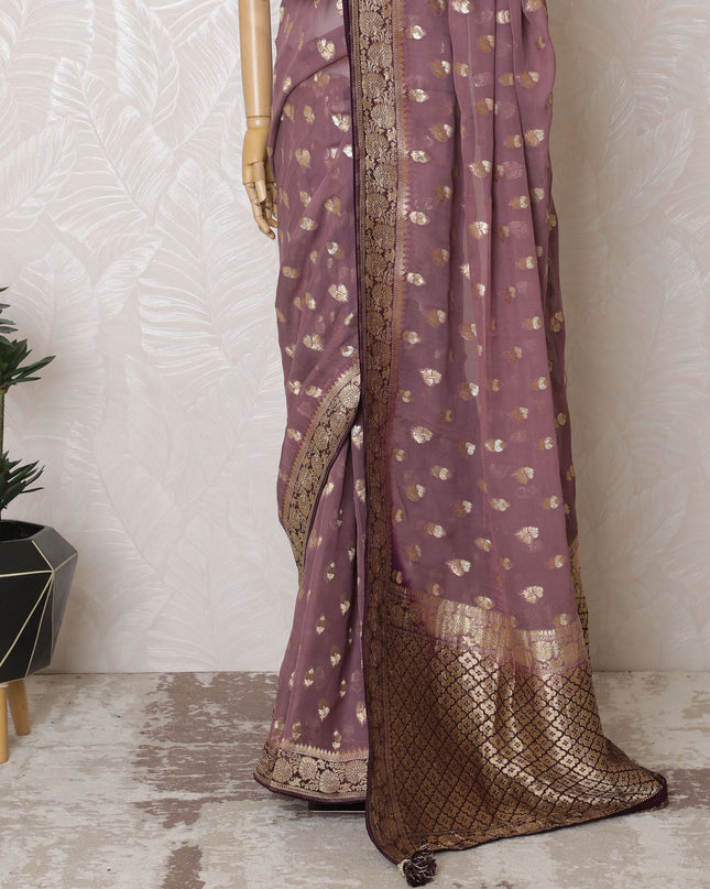 Regal Mauve Silk Georgette Jacquard Saree with Gold Foil Motifs, 110 cm Width - Crafted in India (Blouse Not Included)-D17826