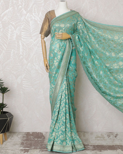 ساري جورجيت حرير أزرق مائي مع تطريز وخرز رائع، عرض 110 سم - مصنوع يدويًا في الهند (البلوزة غير متضمنة) -D17827