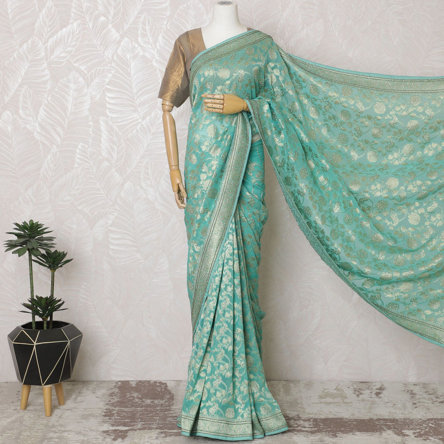 ساري جورجيت حرير أزرق مائي مع تطريز وخرز رائع، عرض 110 سم - مصنوع يدويًا في الهند (البلوزة غير متضمنة) -D17827