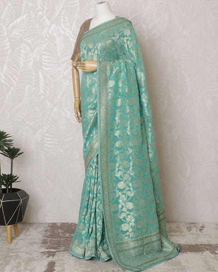 ساري جورجيت حرير أزرق مائي مع تطريز وخرز رائع، عرض 110 سم - مصنوع يدويًا في الهند (البلوزة غير متضمنة) -D17827