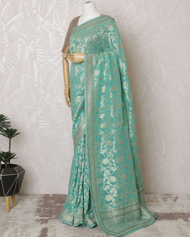 ساري جورجيت حرير أزرق مائي مع تطريز وخرز رائع، عرض 110 سم - مصنوع يدويًا في الهند (البلوزة غير متضمنة) -D17827