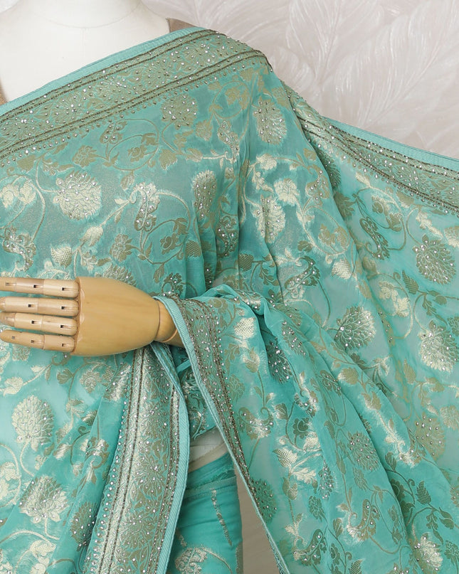 ساري جورجيت حرير أزرق مائي مع تطريز وخرز رائع، عرض 110 سم - مصنوع يدويًا في الهند (البلوزة غير متضمنة) -D17827