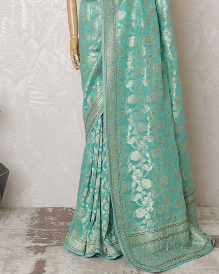 ساري جورجيت حرير أزرق مائي مع تطريز وخرز رائع، عرض 110 سم - مصنوع يدويًا في الهند (البلوزة غير متضمنة) -D17827