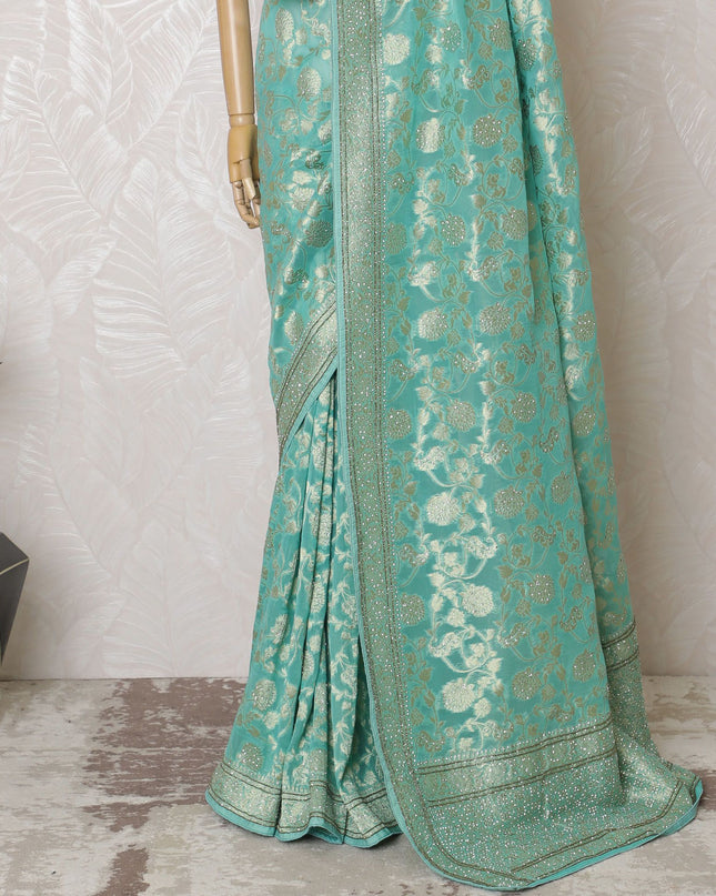 ساري جورجيت حرير أزرق مائي مع تطريز وخرز رائع، عرض 110 سم - مصنوع يدويًا في الهند (البلوزة غير متضمنة) -D17827