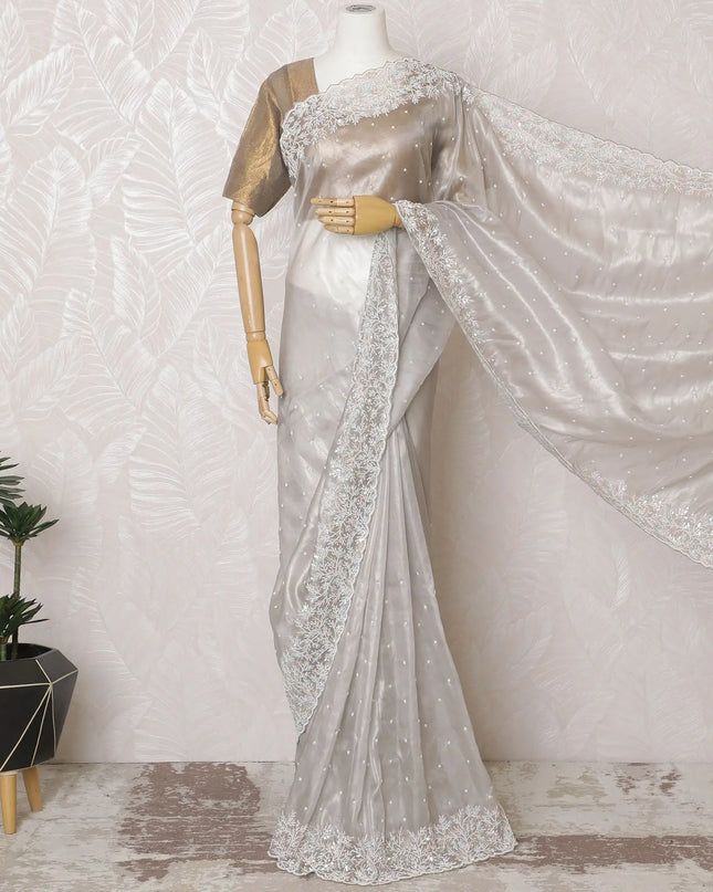 Sophisticated Silver Silk Mesh Organza Saree with Floral Embroidery, 110 cm Width - Crafted in India (Blouse Not Included)-D17829 Regal Fabrics