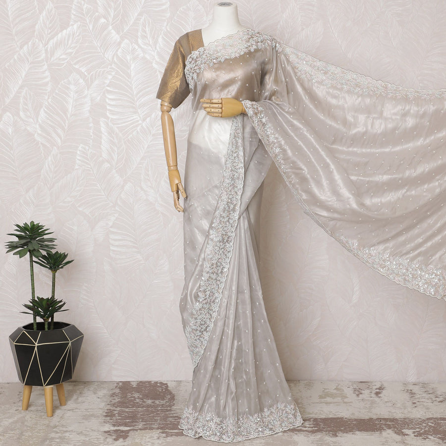 Sophisticated Silver Silk Mesh Organza Saree with Floral Embroidery, 110 cm Width - Crafted in India (Blouse Not Included)-D17829