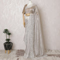 Sophisticated Silver Silk Mesh Organza Saree with Floral Embroidery, 110 cm Width - Crafted in India (Blouse Not Included)-D17829