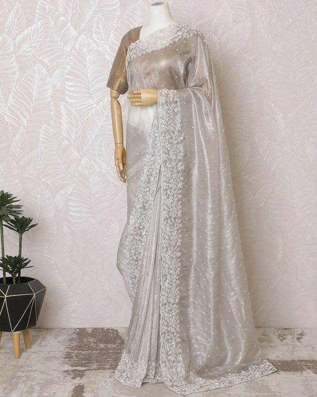 Sophisticated Silver Silk Mesh Organza Saree with Floral Embroidery, 110 cm Width - Crafted in India (Blouse Not Included)-D17829 Regal Fabrics