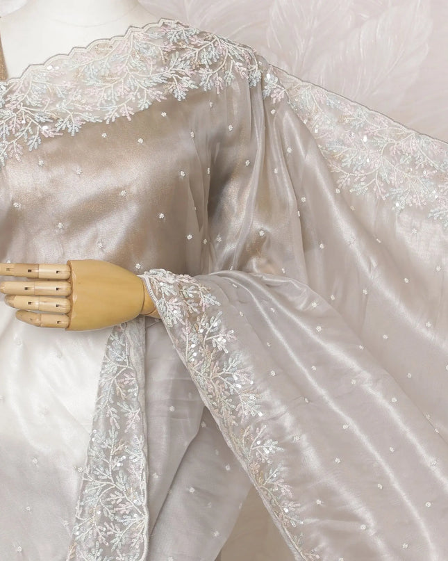 Sophisticated Silver Silk Mesh Organza Saree with Floral Embroidery, 110 cm Width - Crafted in India (Blouse Not Included)-D17829 Regal Fabrics
