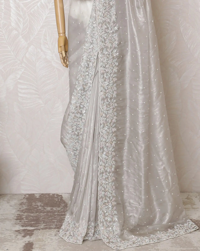 Sophisticated Silver Silk Mesh Organza Saree with Floral Embroidery, 110 cm Width - Crafted in India (Blouse Not Included)-D17829 Regal Fabrics