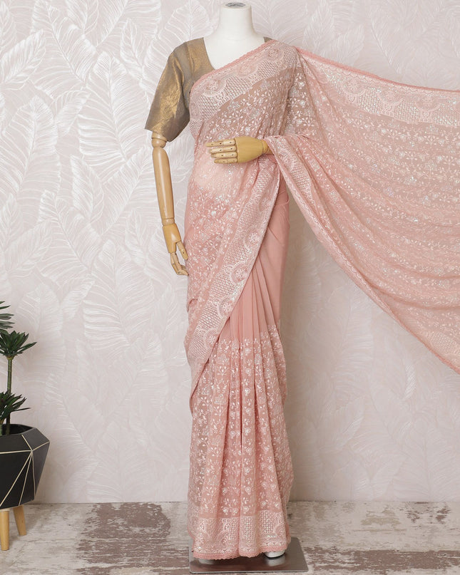Blush Pink Synthetic Party Wear Saree with White Embroidery, 110 cm Width - Tailored in India (Blouse Not Included)-D17830