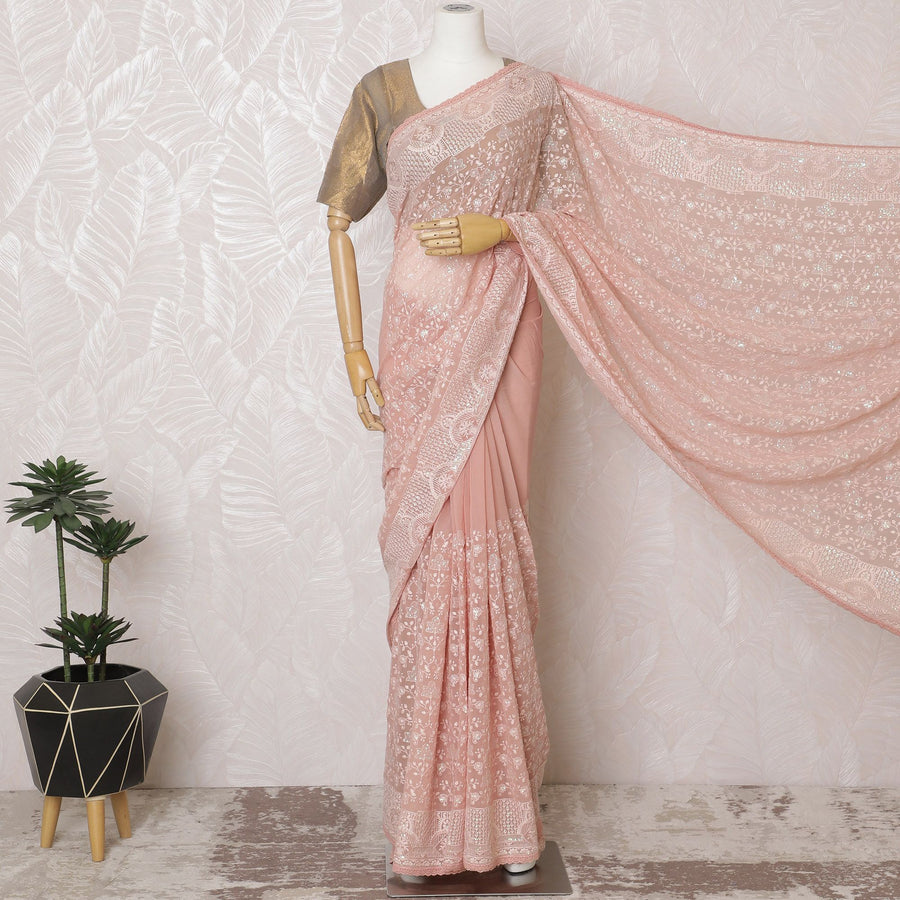 Blush Pink Synthetic Party Wear Saree with White Embroidery, 110 cm Width - Tailored in India (Blouse Not Included)-D17830