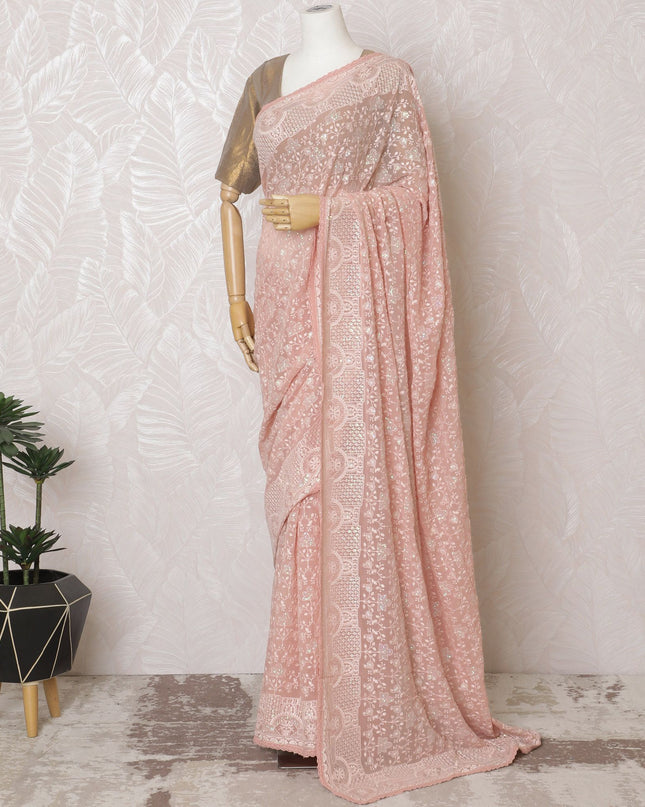 Blush Pink Synthetic Party Wear Saree with White Embroidery, 110 cm Width - Tailored in India (Blouse Not Included)-D17830
