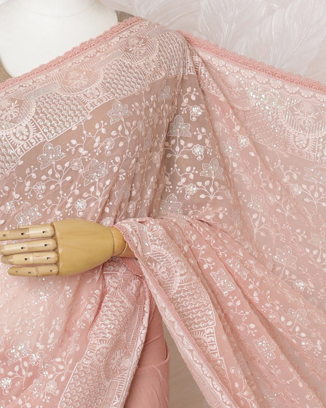 Blush Pink Synthetic Party Wear Saree with White Embroidery, 110 cm Width - Tailored in India (Blouse Not Included)-D17830