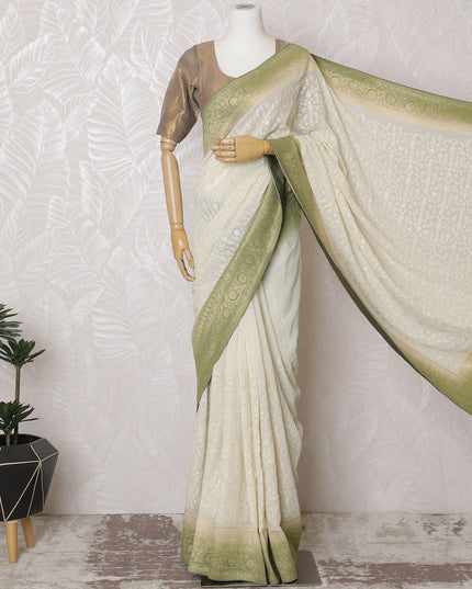 Graceful Ivory Silk Georgette Saree with Golden Embroidery & Sequins, 110 cm Width - Handcrafted in India (Blouse Not Included)-D17831 Regal Fabrics