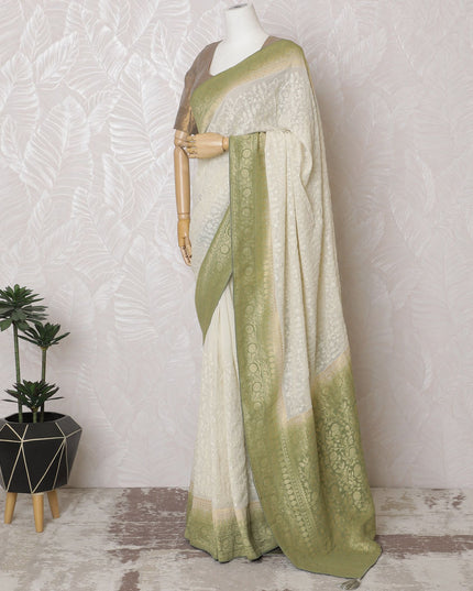 Graceful Ivory Silk Georgette Saree with Golden Embroidery & Sequins, 110 cm Width - Handcrafted in India (Blouse Not Included)-D17831 Regal Fabrics
