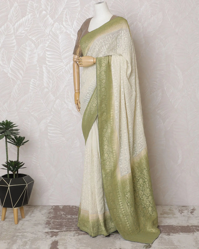 Graceful Ivory Silk Georgette Saree with Golden Embroidery & Sequins, 110 cm Width - Handcrafted in India (Blouse Not Included)-D17831 Regal Fabrics