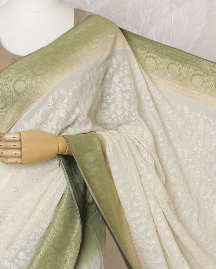 Graceful Ivory Silk Georgette Saree with Golden Embroidery & Sequins, 110 cm Width - Handcrafted in India (Blouse Not Included)-D17831 Regal Fabrics