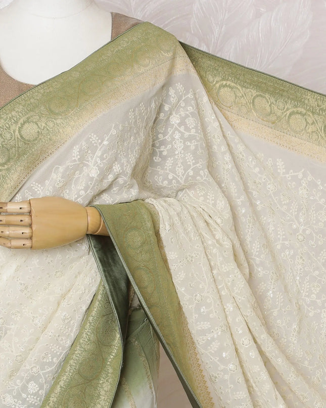 Graceful Ivory Silk Georgette Saree with Golden Embroidery & Sequins, 110 cm Width - Handcrafted in India (Blouse Not Included)-D17831 Regal Fabrics