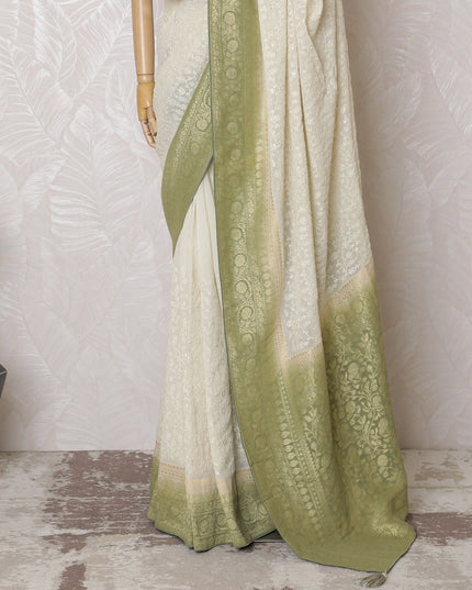 Graceful Ivory Silk Georgette Saree with Golden Embroidery & Sequins, 110 cm Width - Handcrafted in India (Blouse Not Included)-D17831 Regal Fabrics