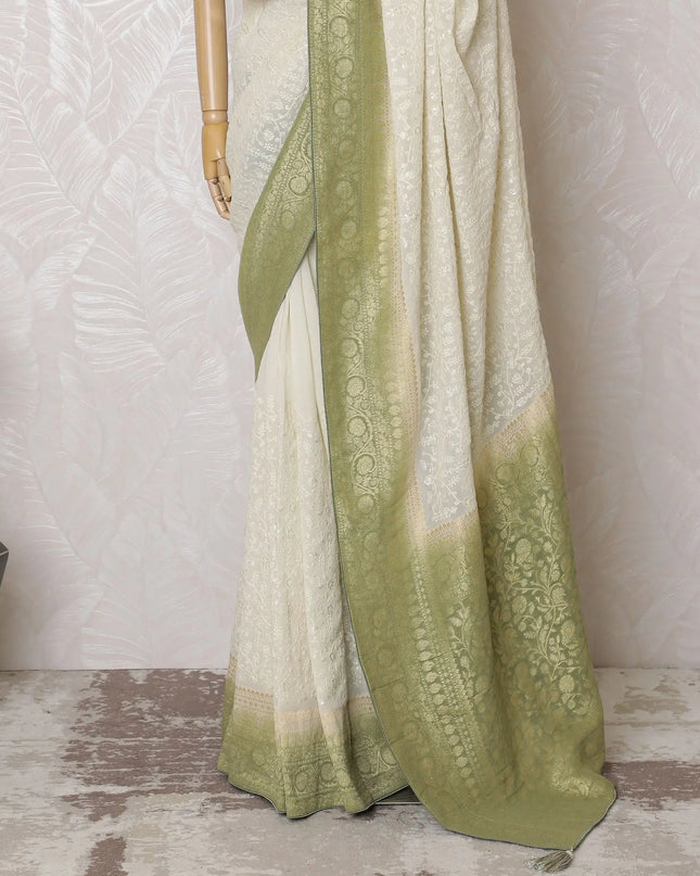 Graceful Ivory Silk Georgette Saree with Golden Embroidery & Sequins, 110 cm Width - Handcrafted in India (Blouse Not Included)-D17831 Regal Fabrics