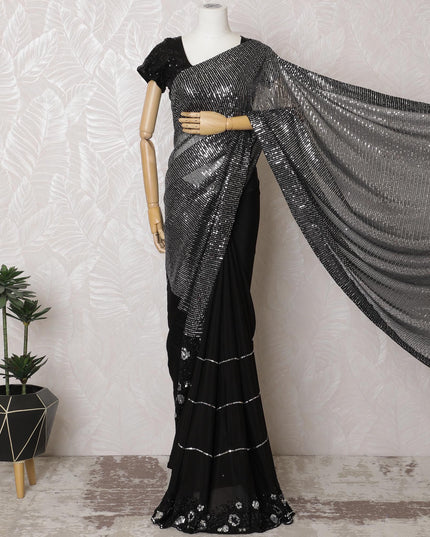 Glamorous Black Chiffon Saree Adorned with Sequins, 110 cm Width - Fashioned in India (Blouse Not Included)-D17832 Regal Fabrics