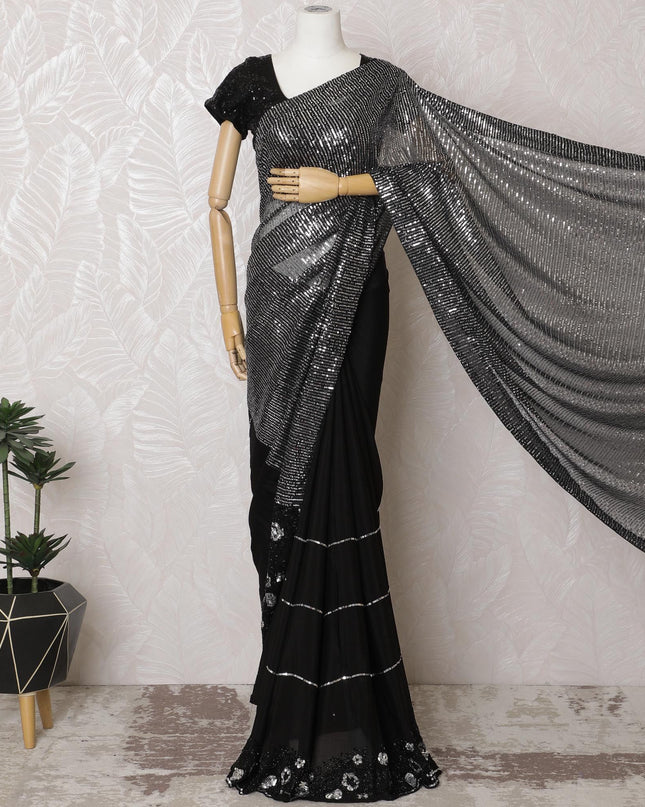 Glamorous Black Chiffon Saree Adorned with Sequins, 110 cm Width - Fashioned in India (Blouse Not Included)-D17832
