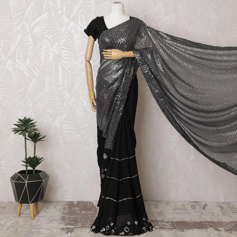 Glamorous Black Chiffon Saree Adorned with Sequins, 110 cm Width - Fashioned in India (Blouse Not Included)-D17832 Regal Fabrics