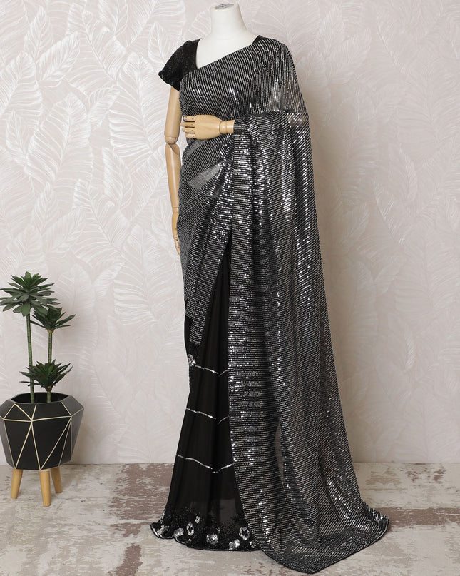 Glamorous Black Chiffon Saree Adorned with Sequins, 110 cm Width - Fashioned in India (Blouse Not Included)-D17832