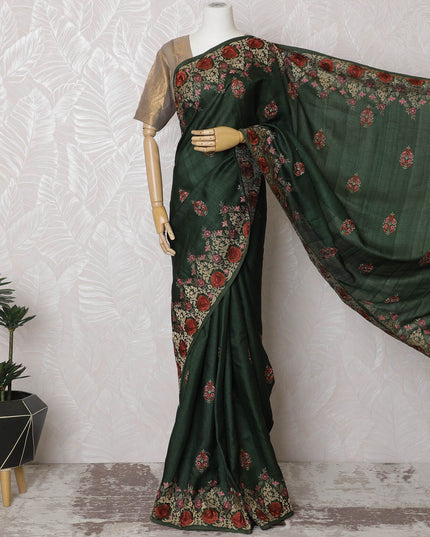 Enchanted Forest Tussar Silk Saree with Hand-Embroidered Florals, Traditional Indian Elegance, 110cm Width, 5.5m Length – Blouse Not Included-D17834 Regal Fabrics