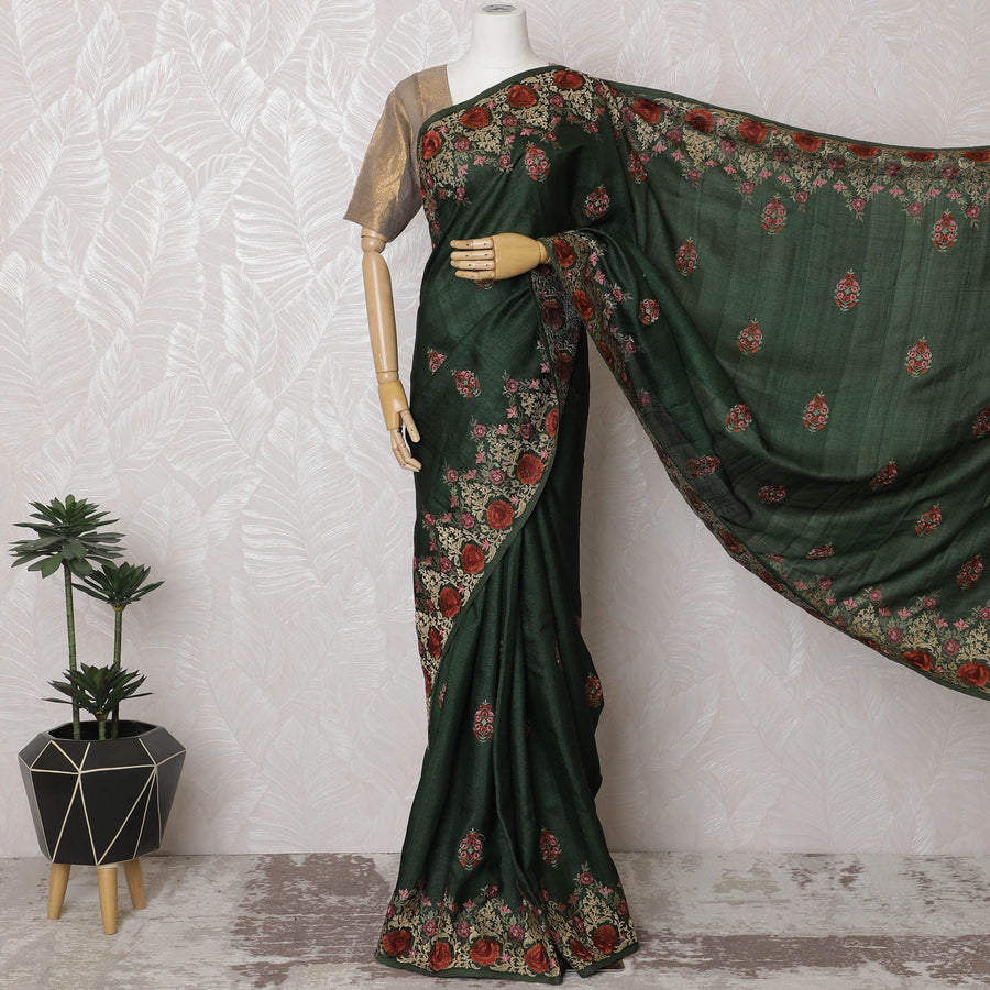 Enchanted Forest Tussar Silk Saree with Hand-Embroidered Florals, Traditional Indian Elegance, 110cm Width, 5.5m Length – Blouse Not Included-D17834 Regal Fabrics