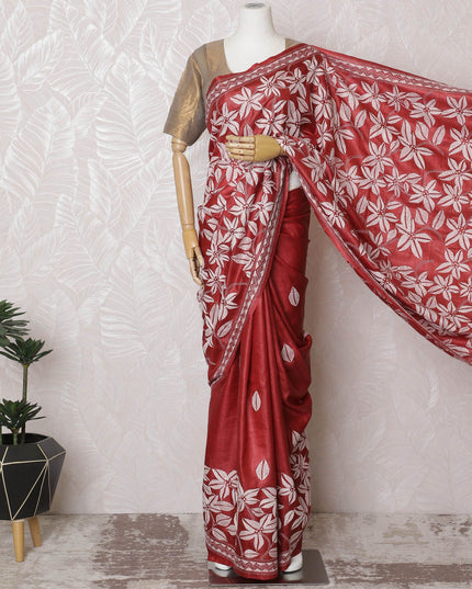 Crimson Tussar Silk Saree with White Floral Zari Embroidery, Handcrafted in India, 110cm Width, 5.5m Length – Blouse Piece Excluded-D17835 Regal Fabrics