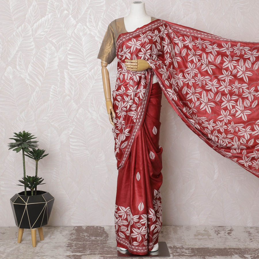 Crimson Tussar Silk Saree with White Floral Zari Embroidery, Handcrafted in India, 110cm Width, 5.5m Length – Blouse Piece Excluded-D17835 Regal Fabrics