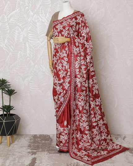 Crimson Tussar Silk Saree with White Floral Zari Embroidery, Handcrafted in India, 110cm Width, 5.5m Length – Blouse Piece Excluded-D17835 Regal Fabrics