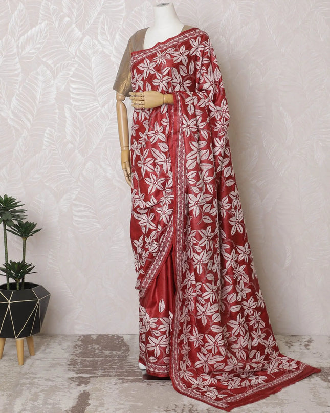Crimson Tussar Silk Saree with White Floral Zari Embroidery, Handcrafted in India, 110cm Width, 5.5m Length – Blouse Piece Excluded-D17835 Regal Fabrics