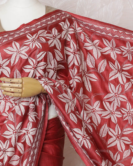 Crimson Tussar Silk Saree with White Floral Zari Embroidery, Handcrafted in India, 110cm Width, 5.5m Length – Blouse Piece Excluded-D17835 Regal Fabrics