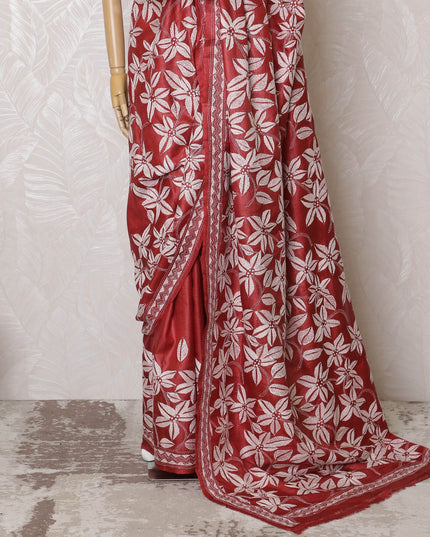 Crimson Tussar Silk Saree with White Floral Zari Embroidery, Handcrafted in India, 110cm Width, 5.5m Length – Blouse Piece Excluded-D17835 Regal Fabrics