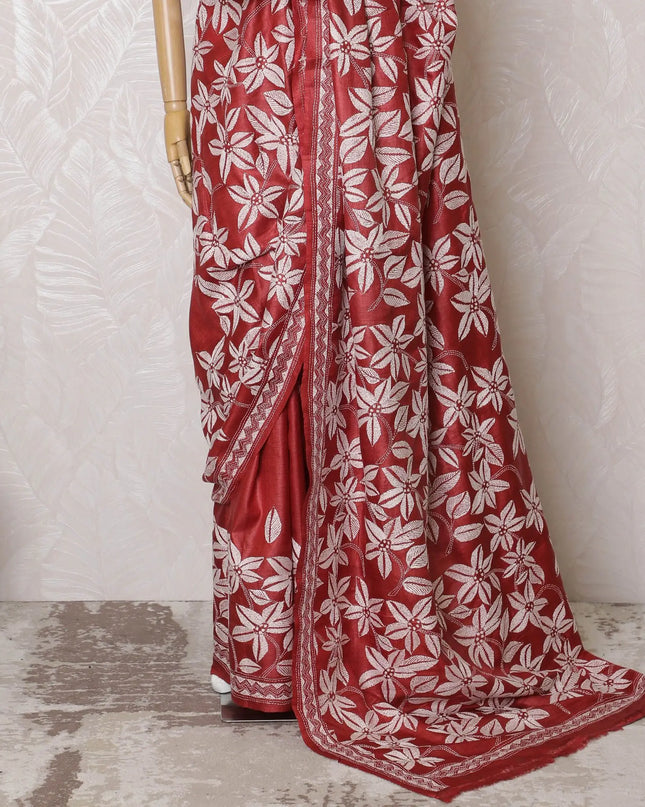 Crimson Tussar Silk Saree with White Floral Zari Embroidery, Handcrafted in India, 110cm Width, 5.5m Length – Blouse Piece Excluded-D17835 Regal Fabrics