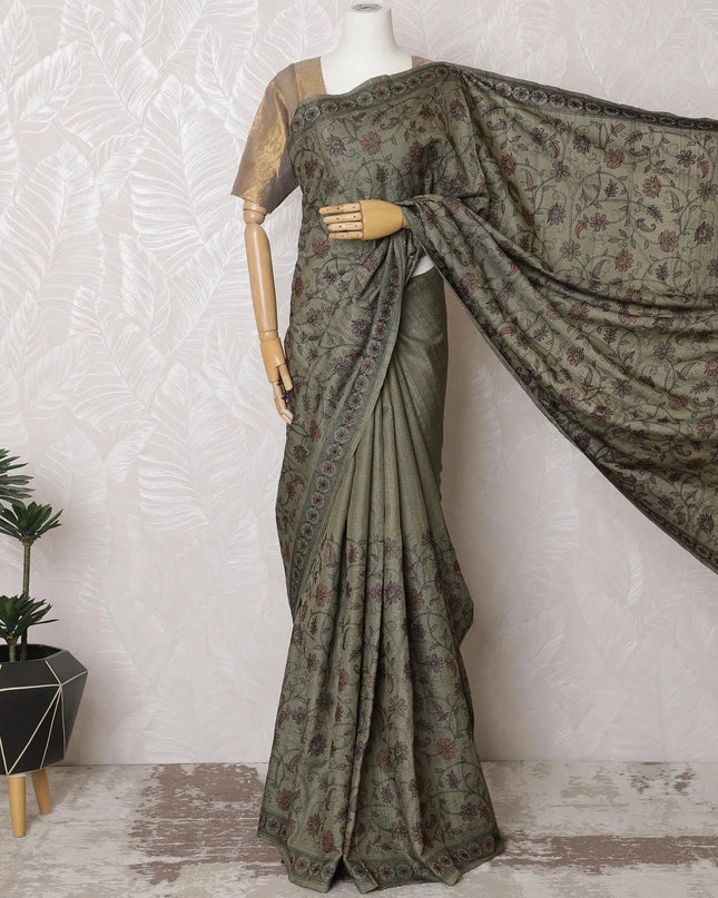 Sophisticated Olive Tussar Silk Saree with Intricate Embroidery, Indian Craftsmanship, 110cm Width, 5.5m Length â€“ No Blouse Included-D17838 Regal Fabrics