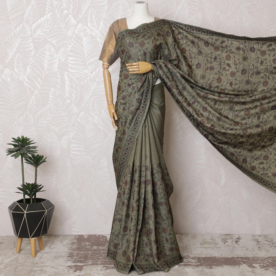 Sophisticated Olive Tussar Silk Saree with Intricate Embroidery, Indian Craftsmanship, 110cm Width, 5.5m Length â€“ No Blouse Included-D17838