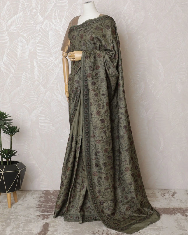 Sophisticated Olive Tussar Silk Saree with Intricate Embroidery, Indian Craftsmanship, 110cm Width, 5.5m Length â€“ No Blouse Included-D17838 Regal Fabrics