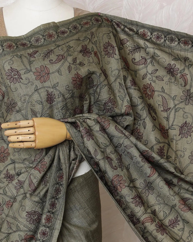 Sophisticated Olive Tussar Silk Saree with Intricate Embroidery, Indian Craftsmanship, 110cm Width, 5.5m Length â€“ No Blouse Included-D17838 Regal Fabrics