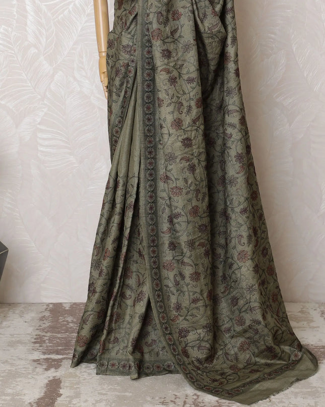 Sophisticated Olive Tussar Silk Saree with Intricate Embroidery, Indian Craftsmanship, 110cm Width, 5.5m Length â€“ No Blouse Included-D17838 Regal Fabrics