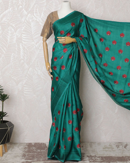 Enchanting Teal Tussar Silk Saree with Red Embroidered Motifs, Crafted in India, 110cm Width, 5.5m Length – Blouse Not Included-D17841 Regal Fabrics