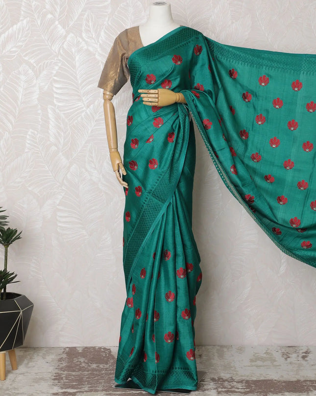 Enchanting Teal Tussar Silk Saree with Red Embroidered Motifs, Crafted in India, 110cm Width, 5.5m Length – Blouse Not Included-D17841 Regal Fabrics